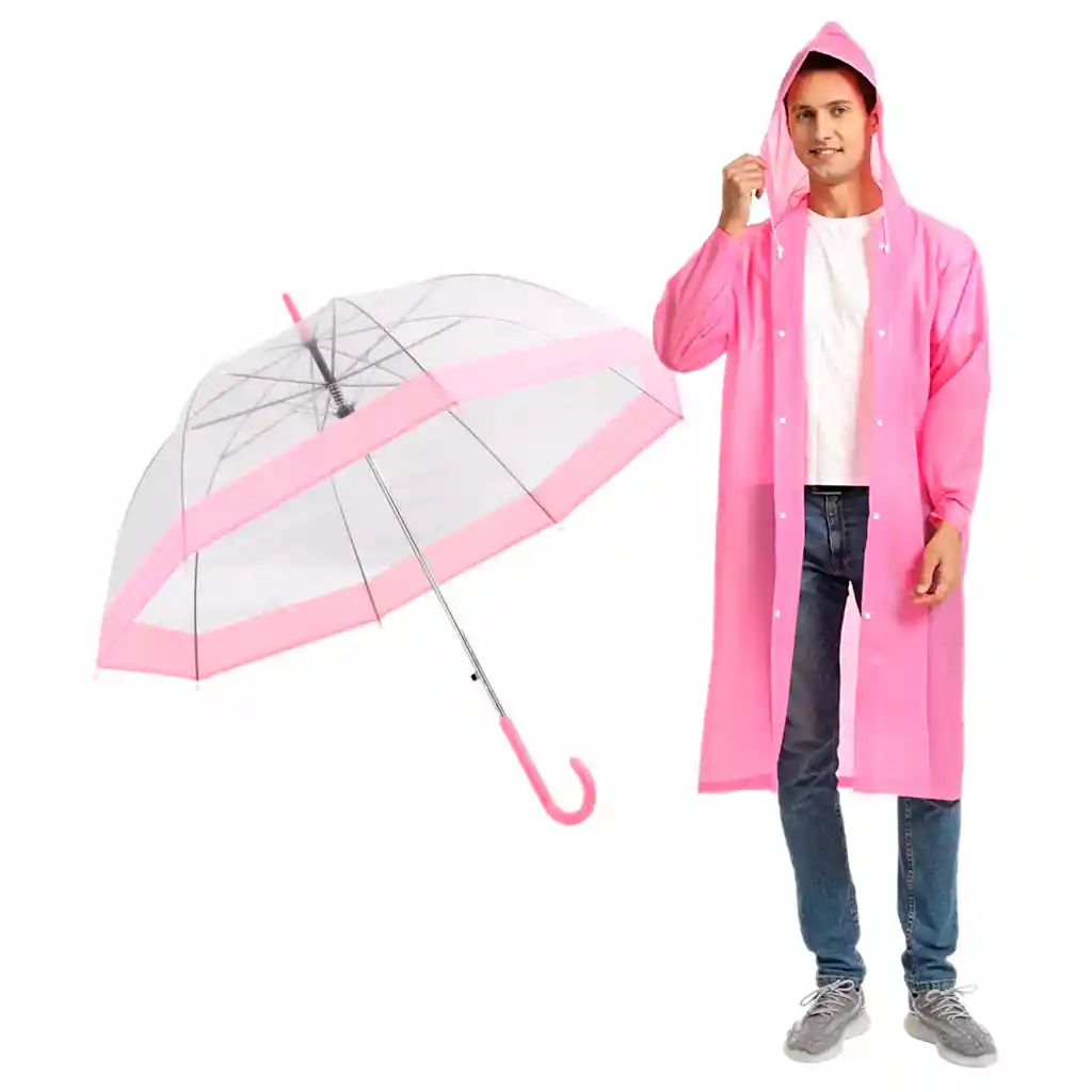 Kit Sombrilla Paraguas Transparente + Capa Carpa Lluvia Adulto Rosa Hongo