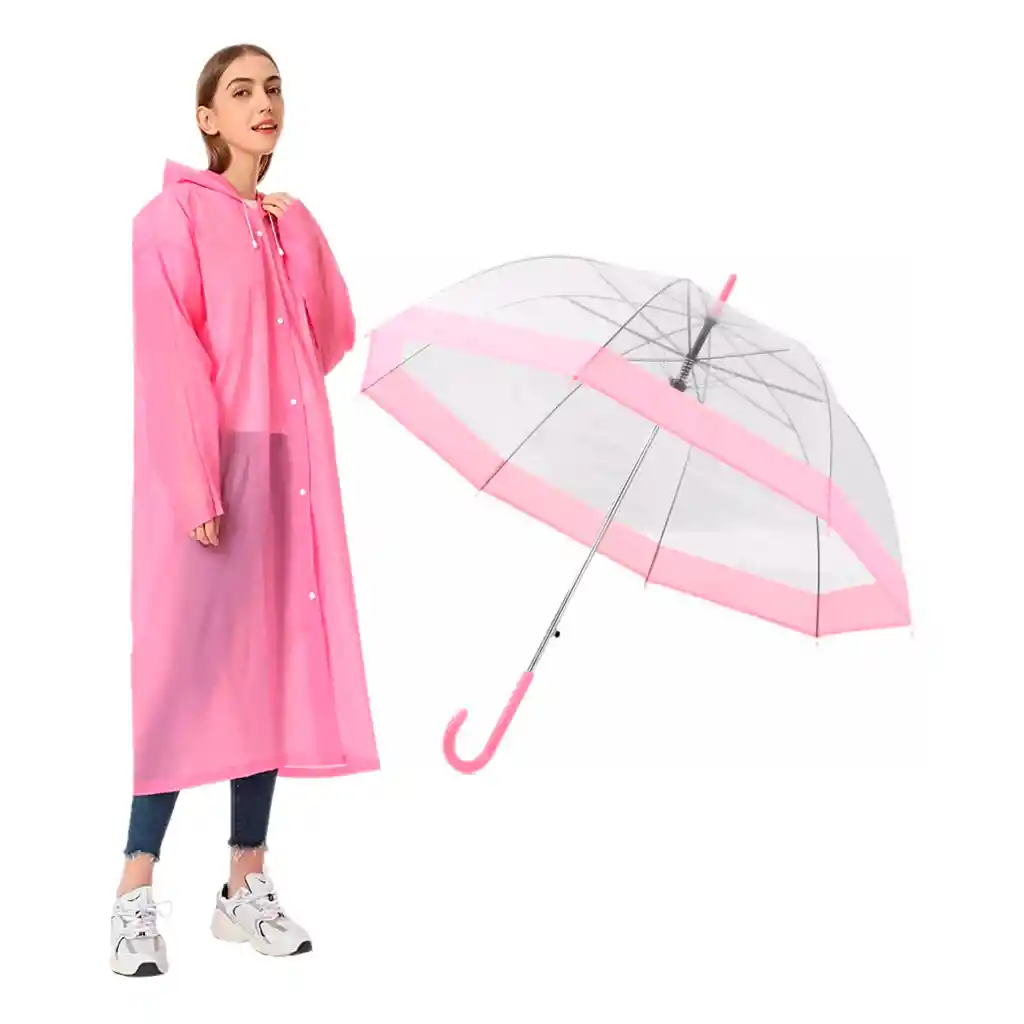 Kit Sombrilla Paraguas Transparente + Capa Carpa Lluvia Adulto Rosa Hongo