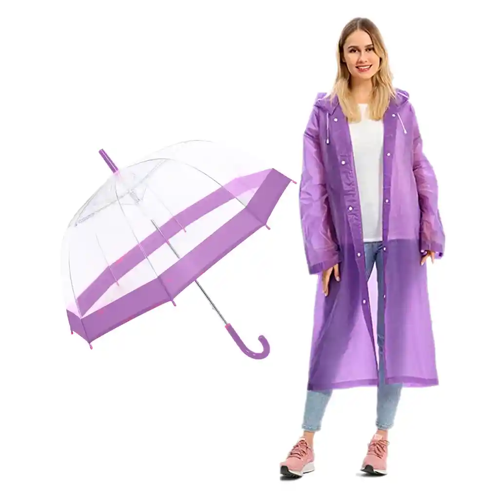 Kit Sombrilla Paraguas Transparente + Capa Carpa Lluvia Adulto Morado Hongo