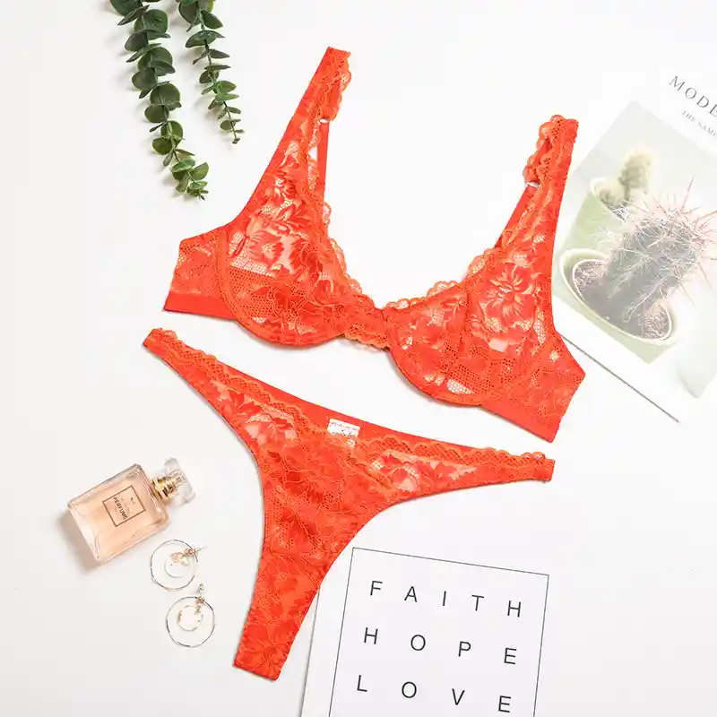 Talla M - Conjunto De Lencería Encaje Dulce Primavera Naranja