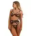 Talla S - Conjunto De Lencería Flora Negro Con Ligueros