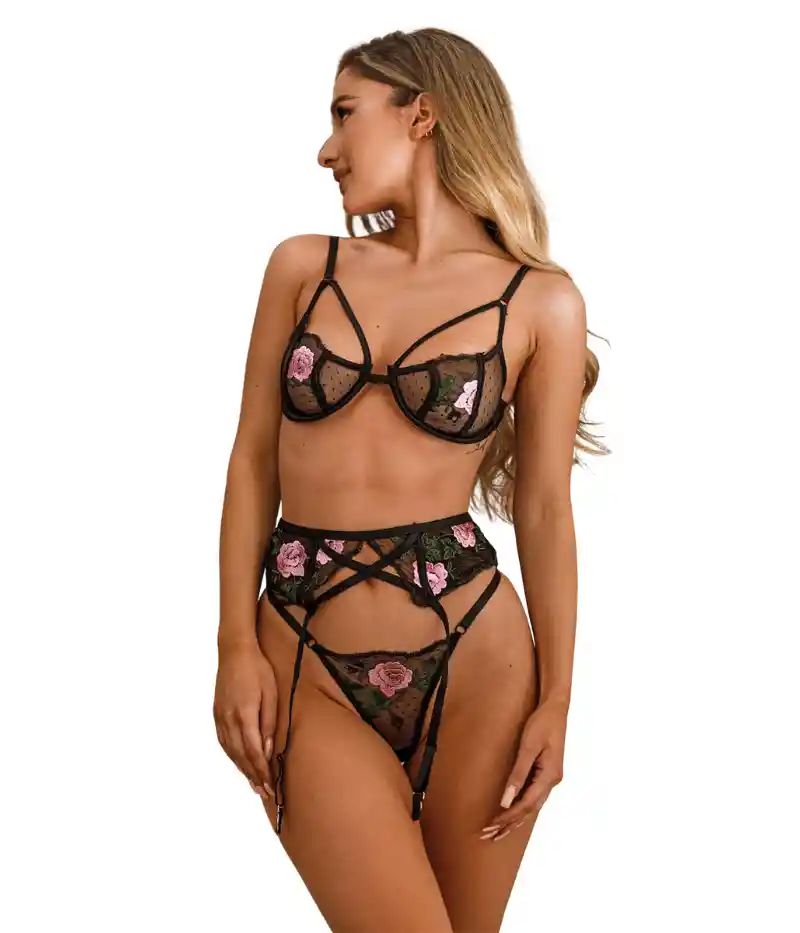 Talla S - Conjunto De Lencería Flora Negro Con Ligueros