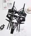Talla S - Conjunto De Lencería Flora Negro Con Ligueros