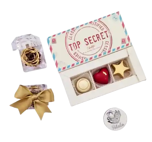 Cajita De 3 Chocolates Top Secret Con Cofre De Rosa Preservada Dorada
