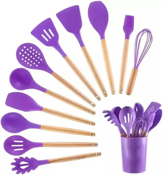 Set 12 Utensilios De Cocina Silicona Resistente Color - Lila