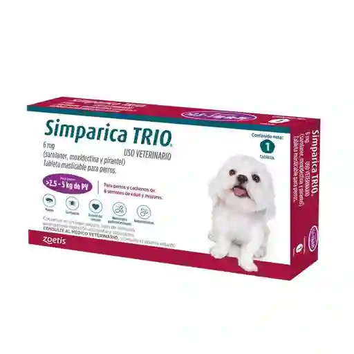 Simparica Trio Para Perros 2.5 A 5kg Pulgas Y Garrapatas,parasitos Y Gusano Del Corazon Desparasitante Y Antipulgas