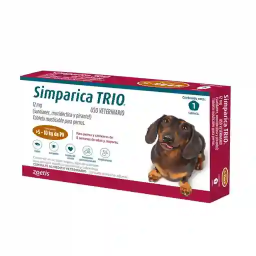 Simparica Trio Para Perros 5 A 10 Kg Pulgas Y Garrapatas,parasitos Y Gusano Del Corazon Desparasitante Y Antipulgas