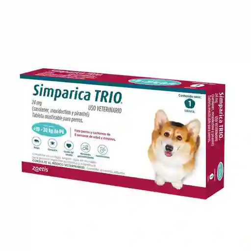 Simparica Trio Para Perros 10 A 20 Kg Pulgas Y Garrapatas,parasitos Y Gusano Del Corazon Desparasitante Y Antipulgas