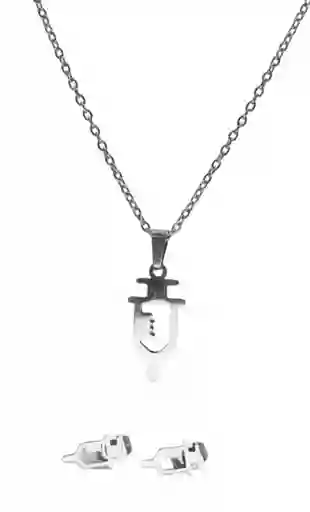 Juego De Aretes Y Collar En Acero Diseño Jeringa