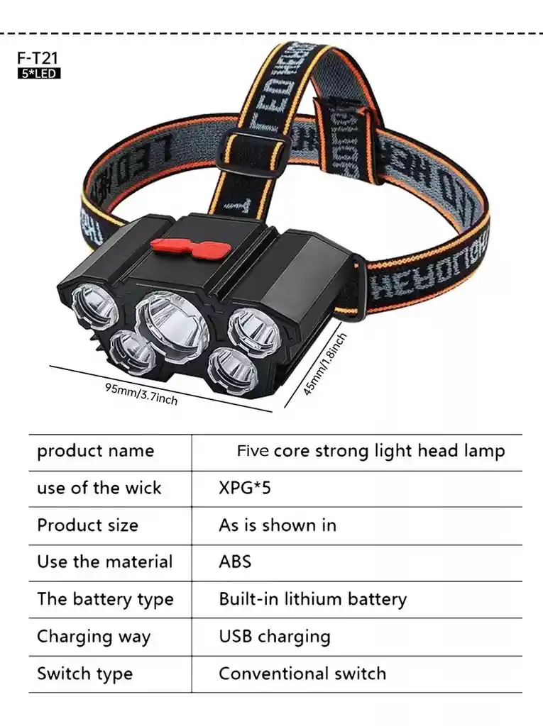 Linterna Minera Led De Cabeza Recargable De 5led Barteria Integrada