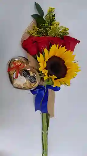 Arreglo Floral, Combo Girasol, Rosas Y Chocolates X5