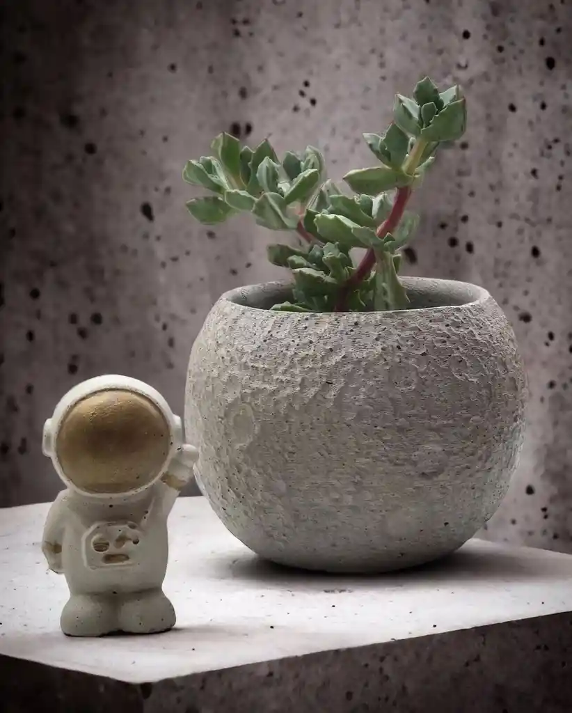 Maceta Cemento Decorativas De Luna Gris Con Astronauta Y Suculenta Matera