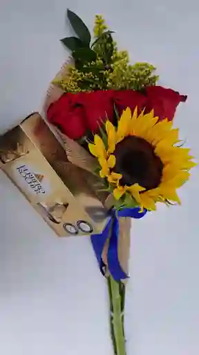 Arreglo Floral, Combo Girasol, Rosas Y Chocolates X8