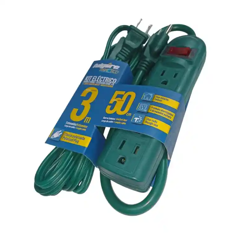 Kit Extensión Eléctrica 3 Mts + Multitoma Verde Fulgore