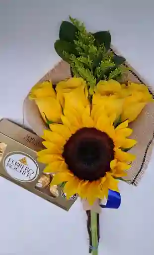 Arreglo Floral, Combo Girasol, Rosas Amarillas Y Chocolates x8