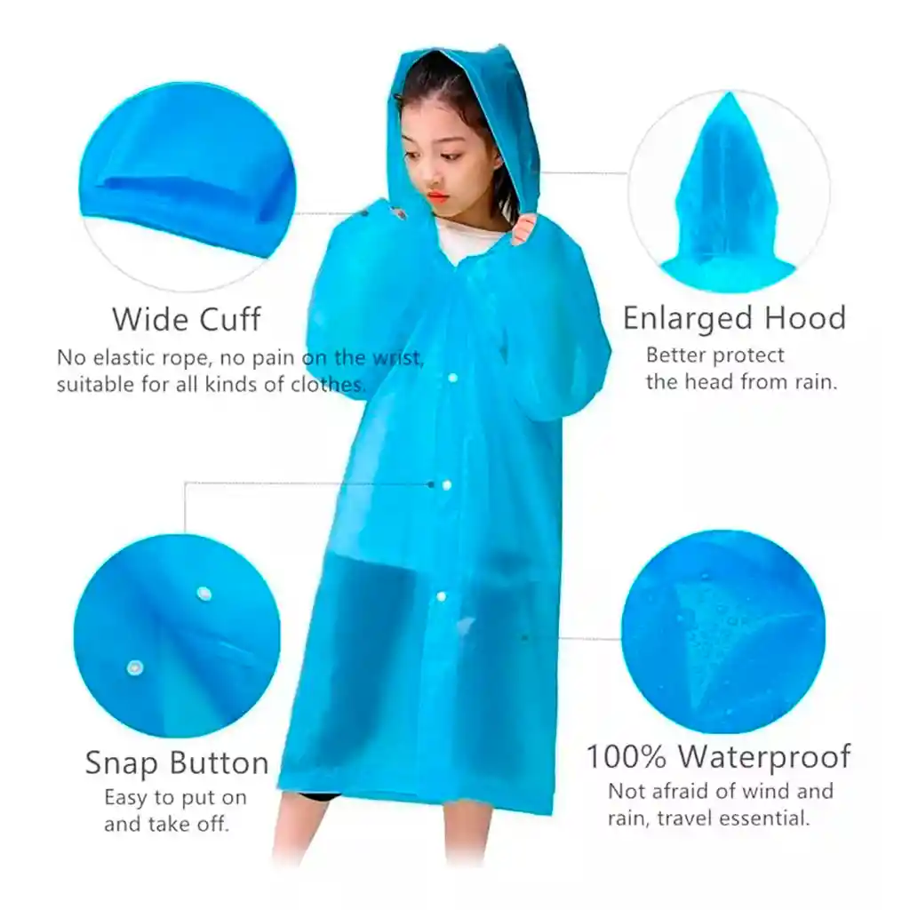 Carpa Capa Niños Impermeable Lluvia Eva Capota Cordones Azul