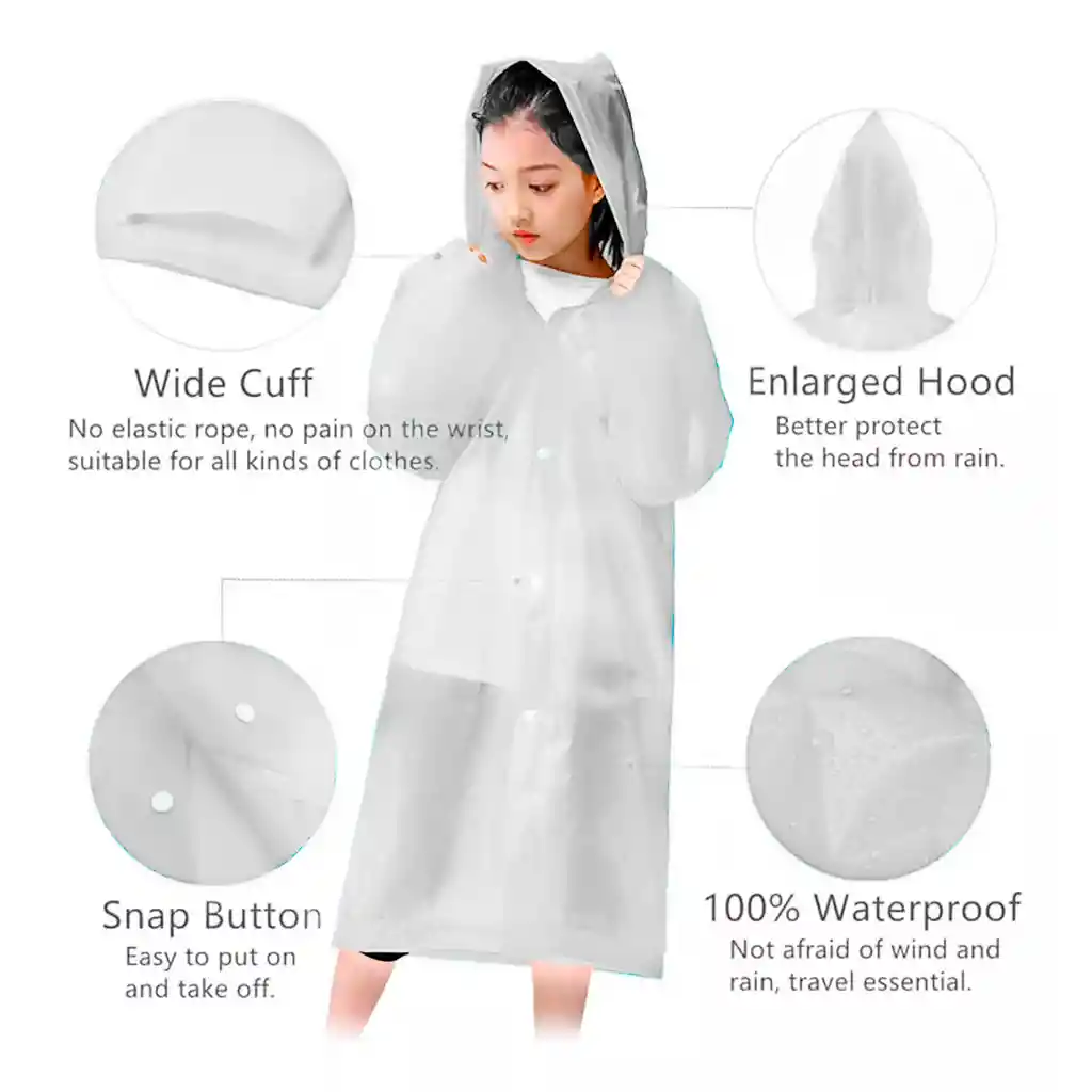 Carpa Capa Niños Impermeable Lluvia Eva Capota Cordones Blanco