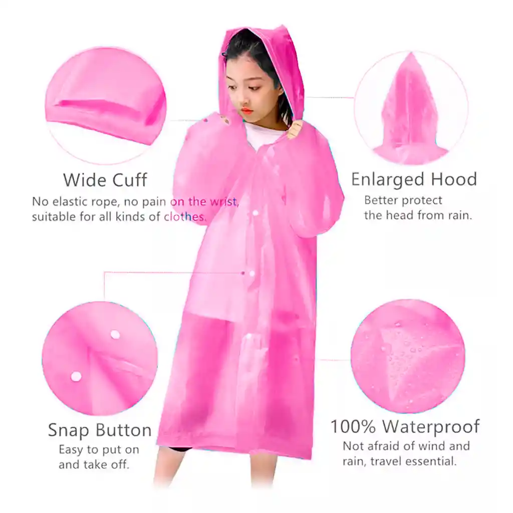 Carpa Capa Niños Impermeable Lluvia Eva Capota Cordones Rosa