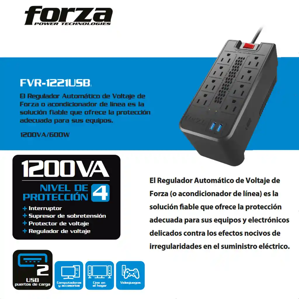 Regulador De Voltaje Automático Forza 1200va, 8 Tomas, 2 Usb
