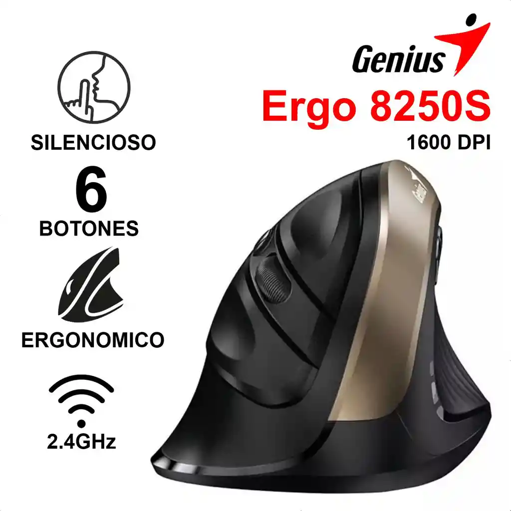 Mouse Vertical Genius Ergo 8250s Inalámbrico 6 Botones, Dorado