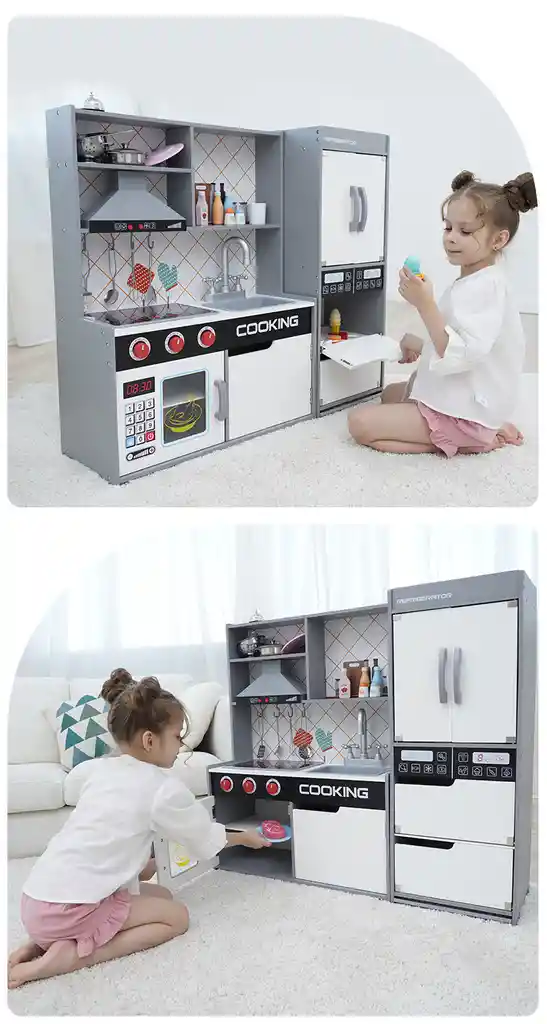 Juego De Cocina De Juguete De Madera Para Niños, Juego De Cocina Para Niños Grandes Con Luces Y Sonidos Realistas