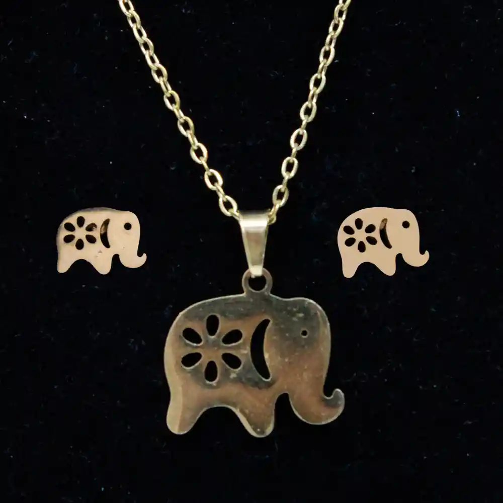 Set Conjunto Cadena Aretes Elefante Niña Mujer Con Estuche