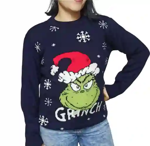 Saco Azul Oscuro De Grinch Navideño De Lana Para Adulto Tejido Navidad M/l