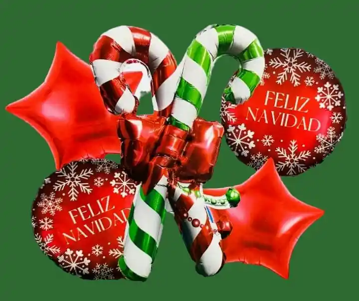 Bouquet X 5 Globos Metalizdos Bastones Feliz Navidad