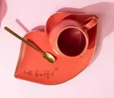 Mug Con Plato En Cerámica Diseño Labios