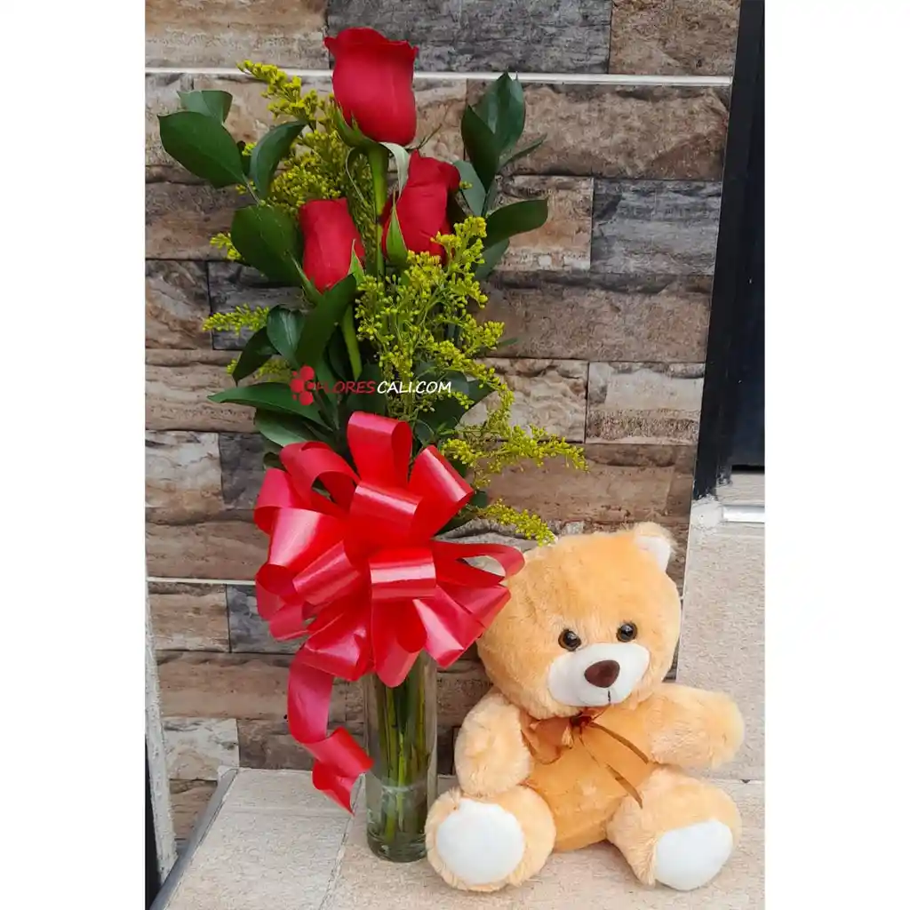 Solitario De Rosas Con Peluche Pequeño