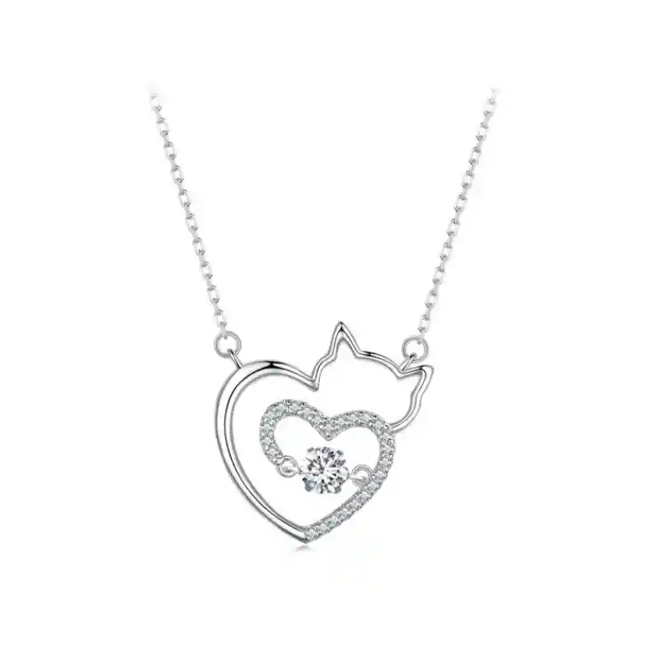 Collar Cadena Mujer Dije Gato Corazón Fabricado En Plata 925