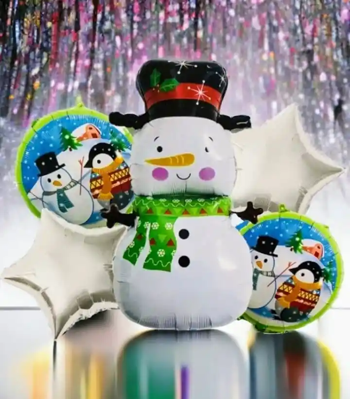 Bouquet X 5 Globos Metalizados Muñeco De Nieve