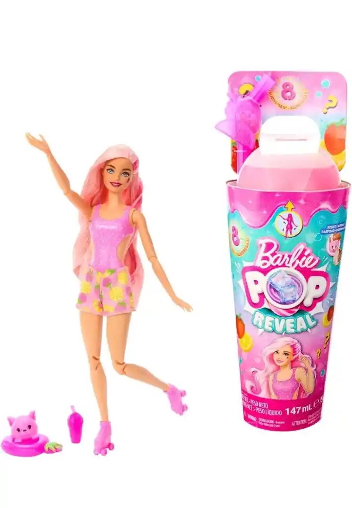 Barbie Muñeca Pop Reveal Y Accesorios, Aroma A Limonada De Fresa Con Cabello Rosa, 8 Sorpresas Incluyen Slime Y Cachorro Blando