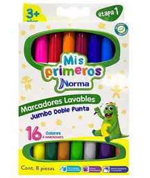 Marcadores Plumones Jumbo Norma Doble Punta 8 Piezas 16 Colores Lavables