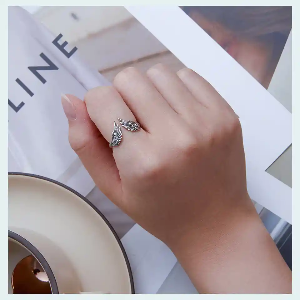 Anillo Ajustable Mujer Alas Ángel Vintage En Plata 925