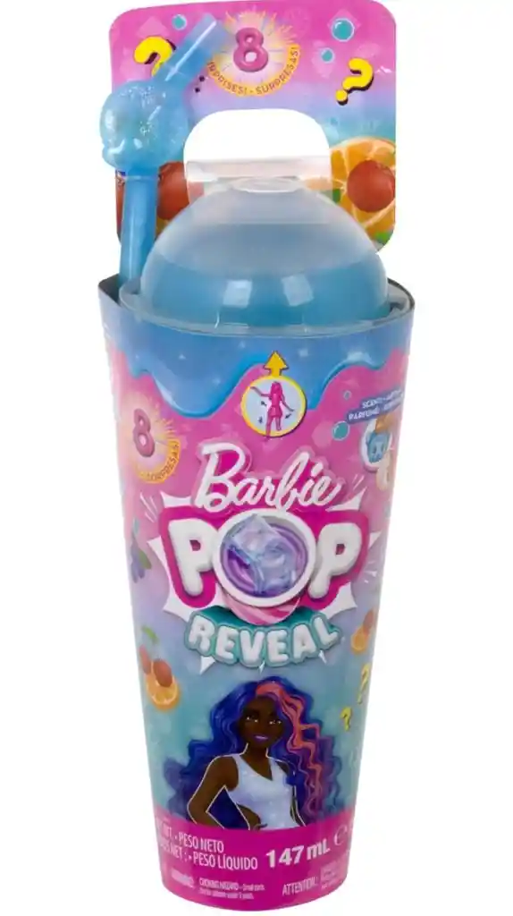 Barbie Muñeca Pop Reveal Y Accesorios, Aroma A Ponche De Fruta Con Cabello Azul, 8 Sorpresas Incluyen Slime, Cambio De Color Y Cachorro