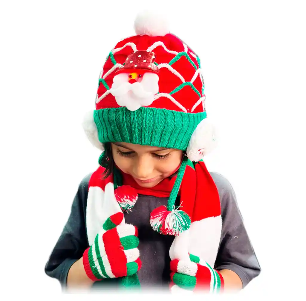 Kit X3 Navideño Gorro Orejas Bufanda Guantes Frío Navidad Niños