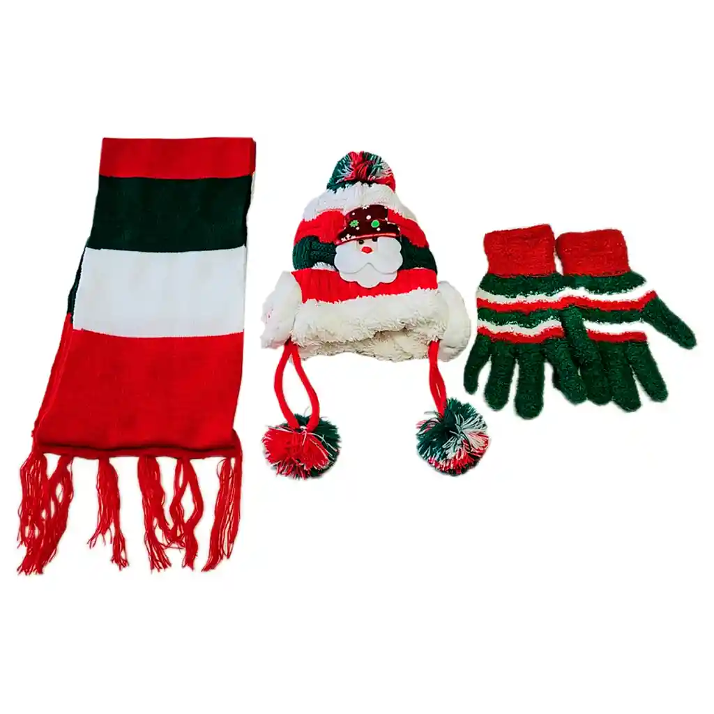 Kit X3 Navideño Gorro Orejas Bufanda Guantes Frío Navidad Niños