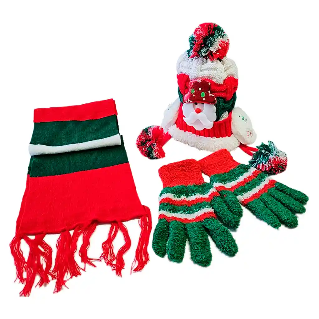 Kit X3 Navideño Gorro Orejas Bufanda Guantes Frío Navidad Niños