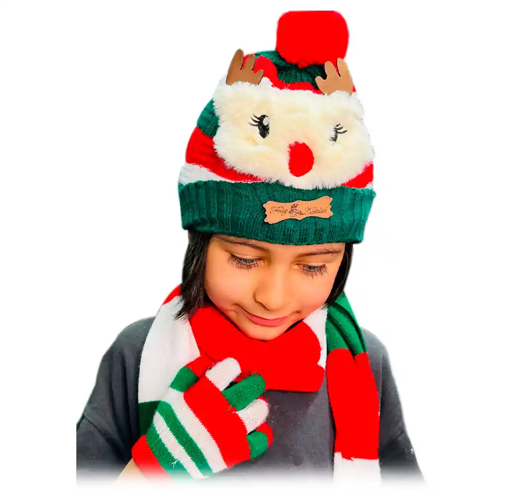 Kit X3 Navideño Gorro Orejas Bufanda Guantes Frío Navidad Niños