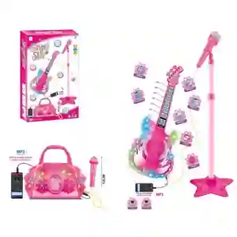 Juguete Guitarra Eléctrica Con Micrófono Mp3 Bolso 8027 Rosa