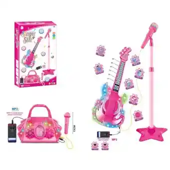 Juguete Guitarra Eléctrica Con Micrófono Mp3 Bolso 8027 Rosa