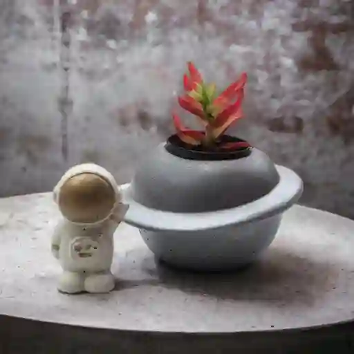 Materas Decorativas Planeta Plateado Con Astronauta Suculenta Gratis Cemento Concret