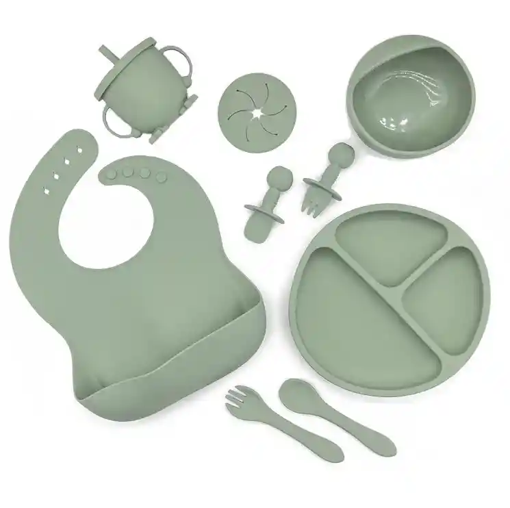 Kit Alimentación Bebe Vajilla Silicona Plato Babero 10 Pzas Verde