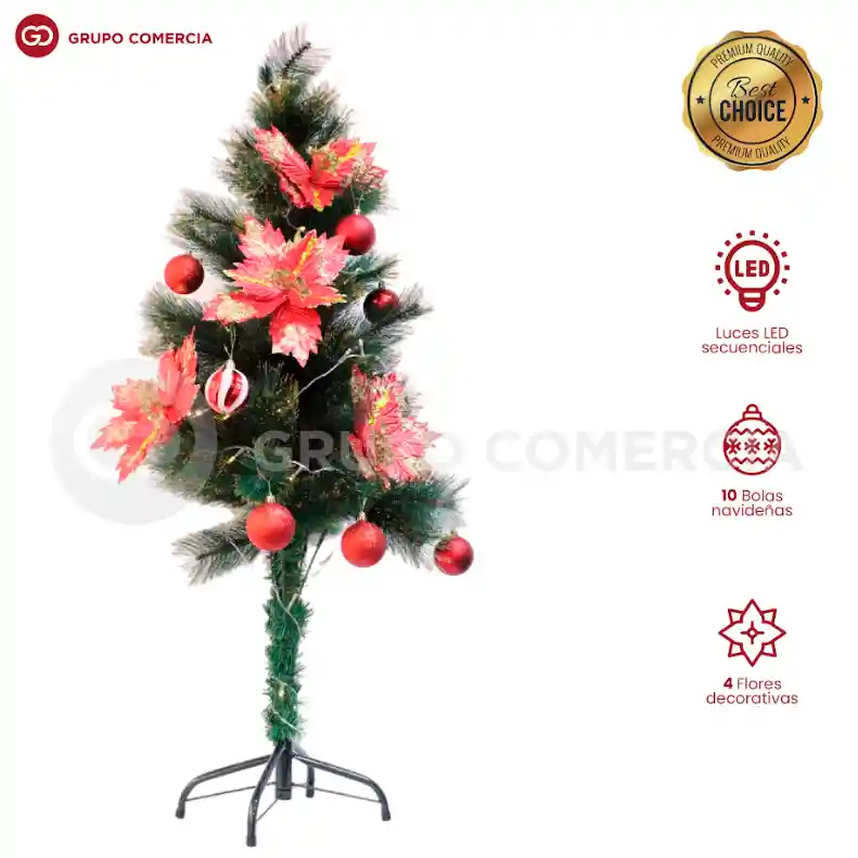 Set Navideño Árbol 130 Cm + Decoración 10 Bolas Y 4 Flores