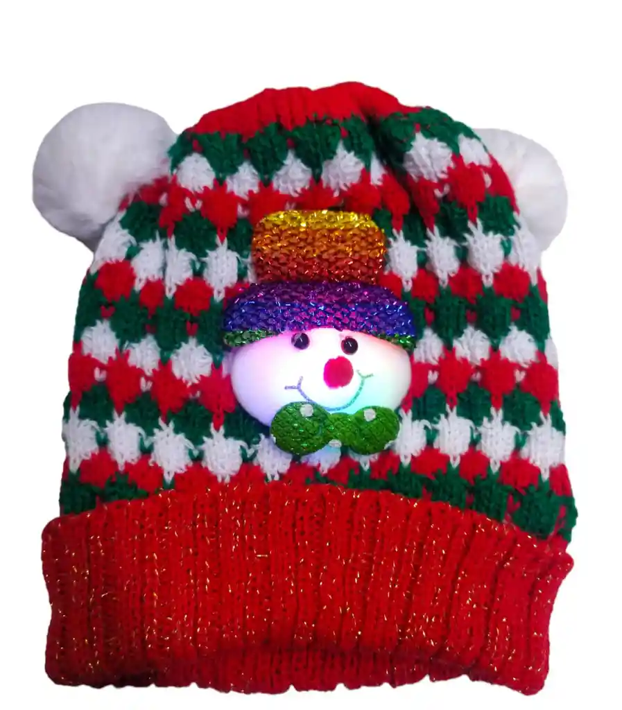 Gorro De Navideño Térmico Hilo Lana Tejido Niñ@ Con Aplique Muñeco Enfrente Navidad Fiestas Luz