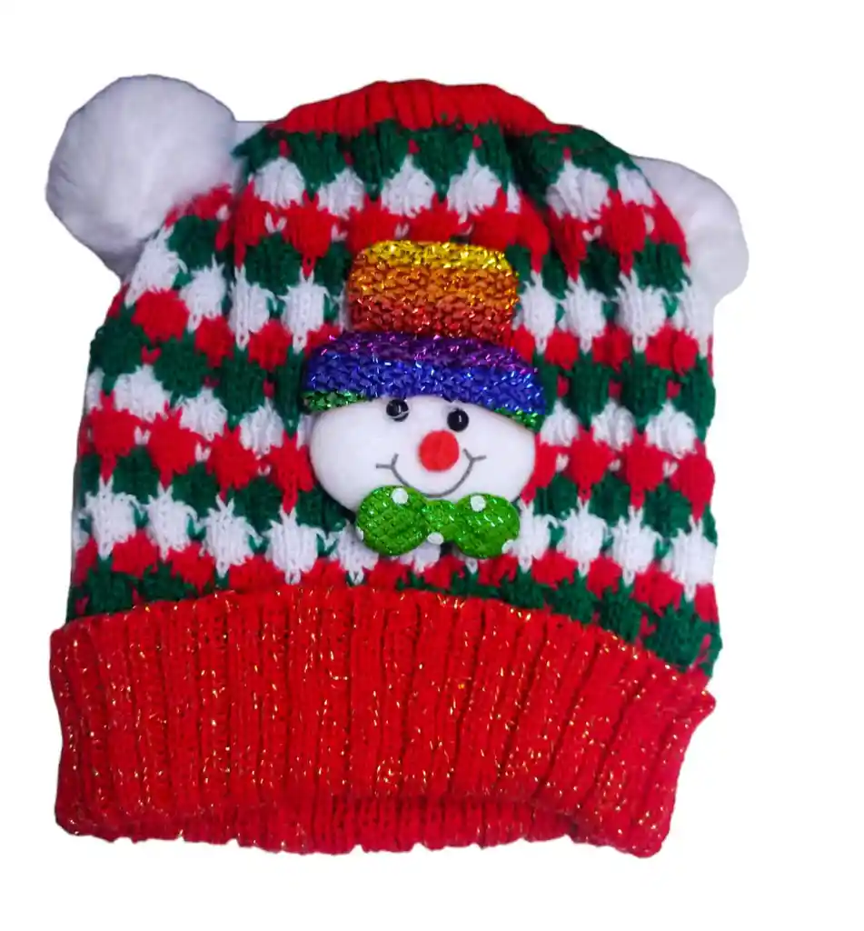 Gorro De Navideño Térmico Hilo Lana Tejido Niñ@ Con Aplique Muñeco Enfrente Navidad Fiestas Luz