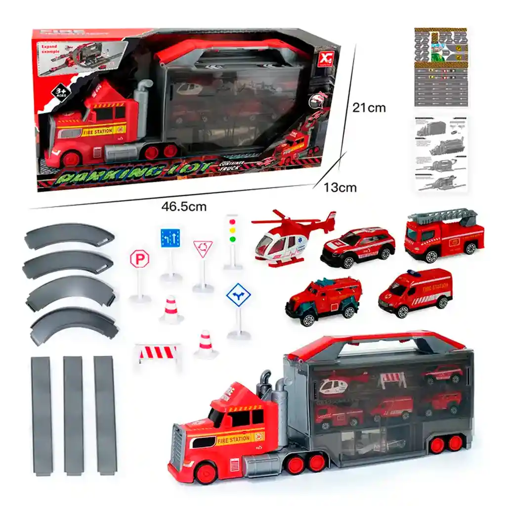 Tractomula Juguete 3 En 1 Pista Carro Maleta Estacionamiento Rojo Bomberos Xg879-111