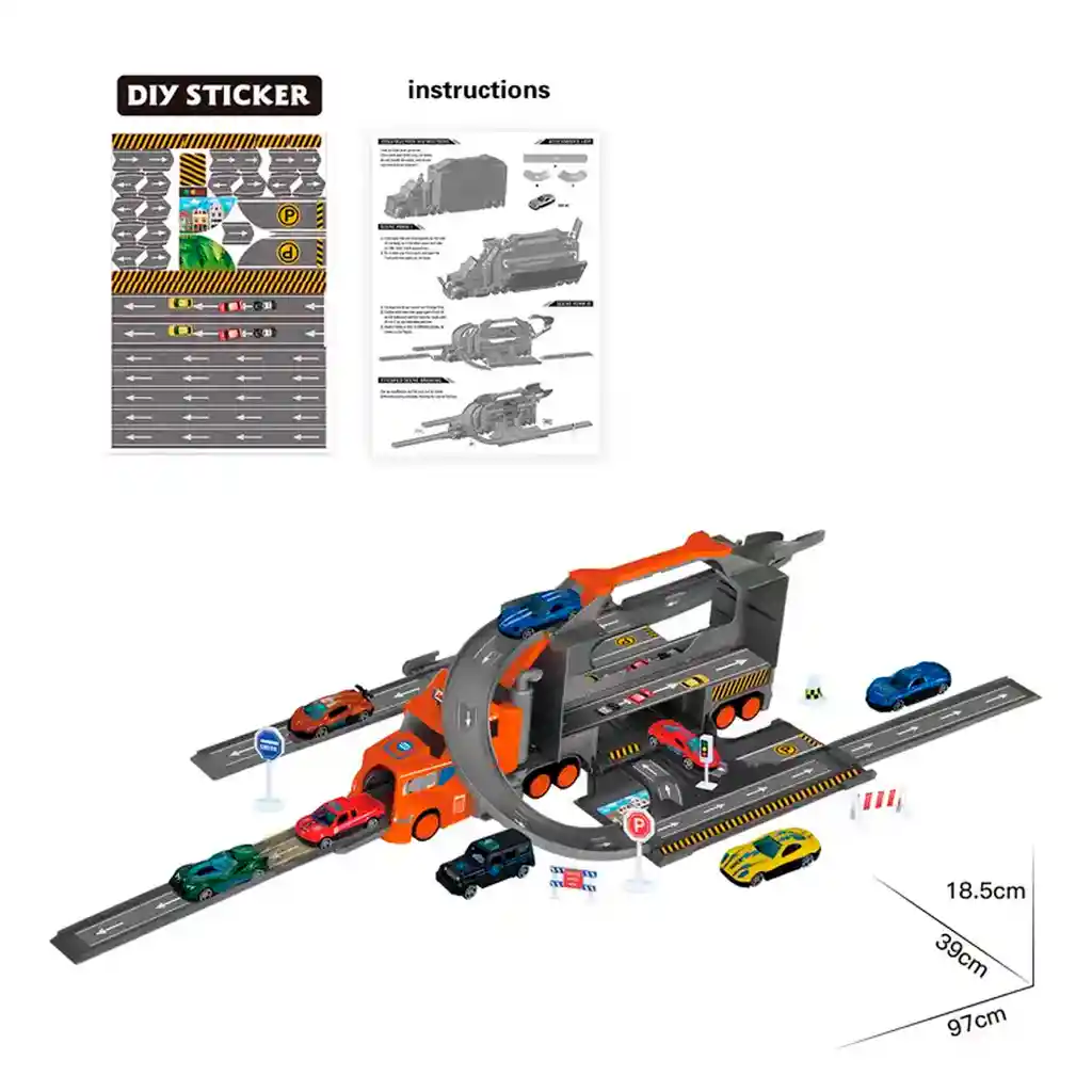 Tractomula Juguete 3 En 1 Pista Carro Maleta Estacionamiento Naranja Ciudad Xg879-113