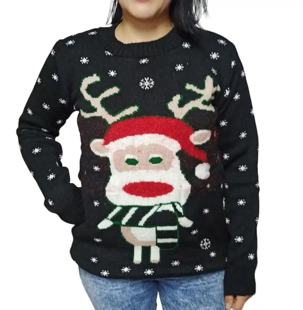 Saco Negro Con Reno Navideño De Lana Para Adulto Tejido Navidad Fiestas